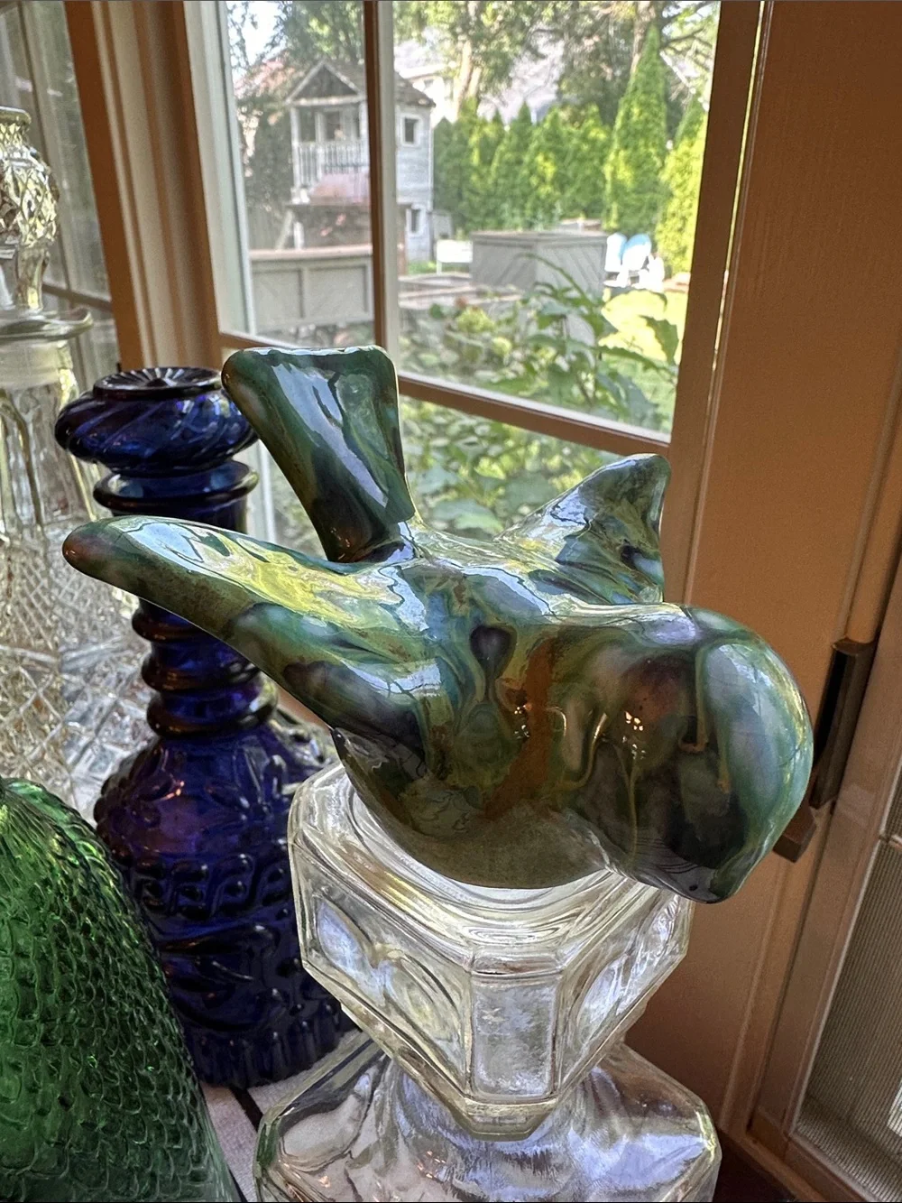 1960s Monterey Jade pottery bird w/green, blue drip glaze